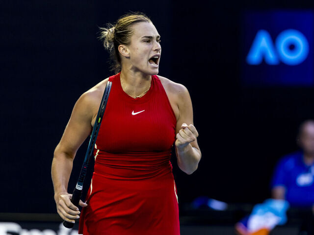 MELBOURNE, VIC - JANUARY 17: Aryna Sabalenka of Belarus celebrates during Round 2 of the 2024 Australian Open on January 17 2024, at Melbourne Park in Melbourne, Australia.
