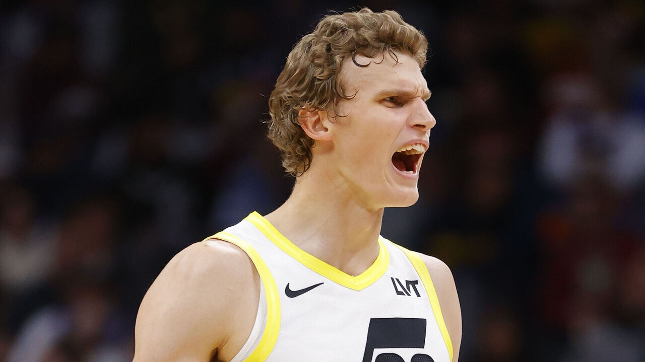 DENVER, COLORADO - OCTOBER 30: Lauri Markkanen #23 of the Utah Jazz reacts to a basket against the Denver Nuggets during the third quarter at Ball Arena on October 30, 2023 in Denver, Colorado.