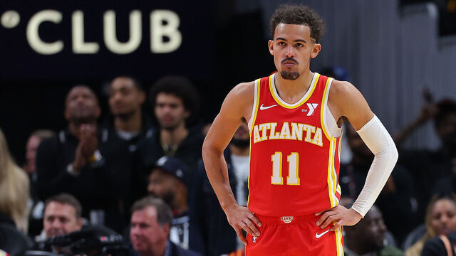 ATLANTA, GEORGIA - DECEMBER 06: Trae Young #11 of the Atlanta Hawks reacts after a missed jumper against the Brooklyn Nets during the fourth quarter at State Farm Arena on December 06, 2023 in Atlanta, Georgia. NOTE TO USER: User expressly acknowledges and agrees that, by downloading and/or using this photograph, user is consenting to the terms and conditions of the Getty Images License Agreement.
