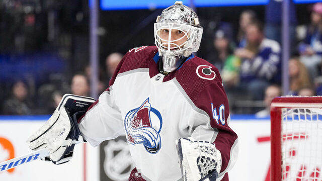 TORONTO, ON - JANUARY 13: Alexandar Georgiev #40 of the Colorado Avalanche looks on against the Toronto Maple Leafs during the second period at Scotiabank Arena on January 13, 2024 in Toronto, Ontario, Canada.
