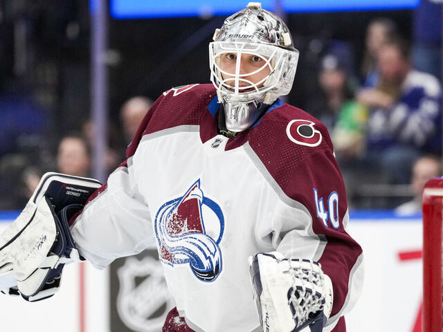 TORONTO, ON - JANUARY 13: Alexandar Georgiev #40 of the Colorado Avalanche looks on against the Toronto Maple Leafs during the second period at Scotiabank Arena on January 13, 2024 in Toronto, Ontario, Canada.