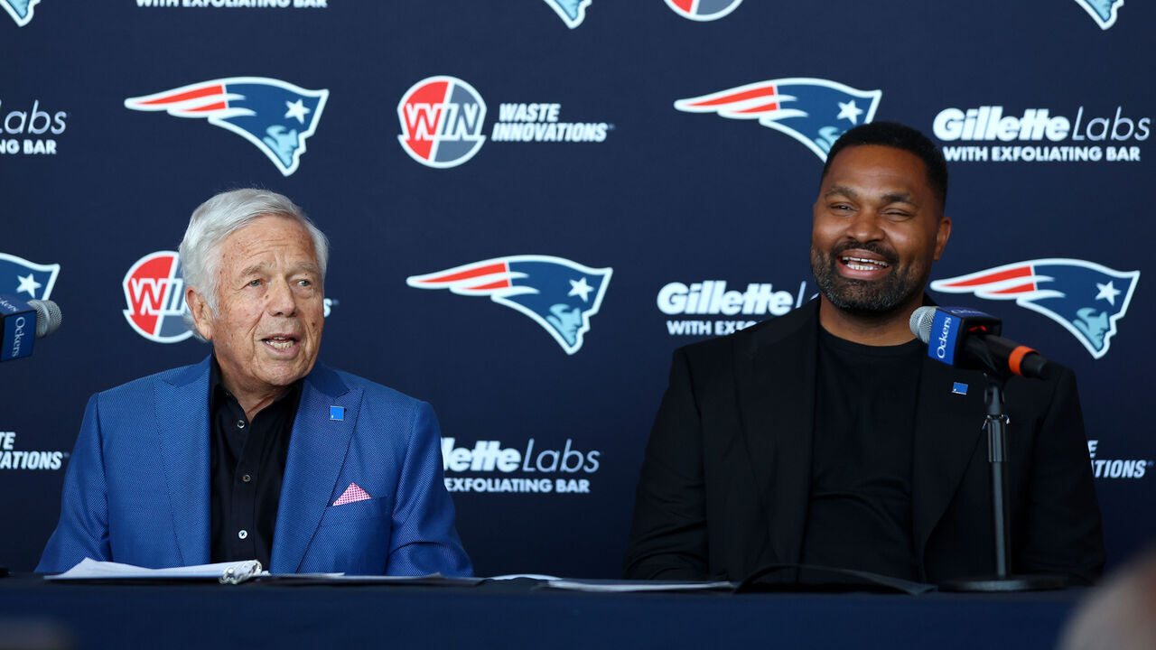 FOXBOROUGH, MASSACHUSETTS - JANUARY 17: (L-R) Owner Robert Kraft and newly appointed head coach Jerod Mayo of the New England Patriots speak to the media during a press conference at Gillette Stadium on January 17, 2024 in Foxborough, Massachusetts.