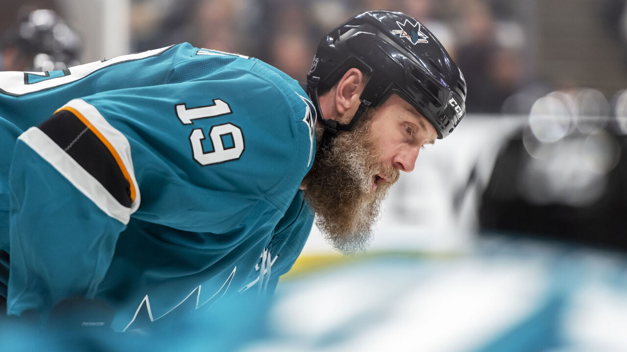 SAN JOSE, CA - FEBRUARY 29: San Jose Sharks center Joe Thornton (19) gets set for a face off play during the game between the Pittsburg Penguins and the San Jose Sharks on Saturday, February 29, 2020 at the SAP Center in San Jose, California.