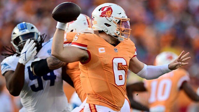 TAMPA, FLORIDA - OCTOBER 15: Baker Mayfield #6 of the Tampa Bay Buccaneers attempts a pass during the second quarter against the Detroit Lions at Raymond James Stadium on October 15, 2023 in Tampa, Florida.