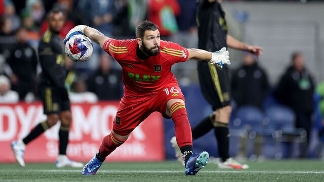 SEATTLE, WASHINGTON - NOVEMBER 26: Los Angeles FC goalkeeper Maxime Crépeau #16 passes the ball against the Seattle Sounders at Lumen Field on November 26, 2023 in Seattle, Washington.