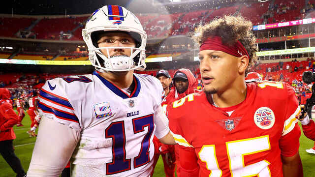 KANSAS CITY, MO - OCTOBER 10: Josh Allen #17 of the Buffalo Bills talks with Patrick Mahomes #15 of the Kansas City Chiefs after an NFL game at GEHA Field at Arrowhead Stadium on October 10, 2021 in Kansas City, Missouri.