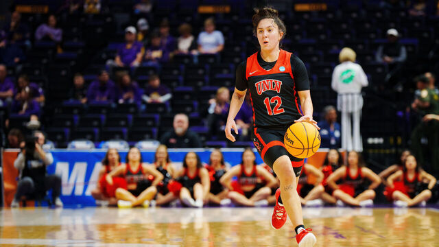 BATON ROUGE, LA - MARCH 17: Alyssa Durazo-Frescas #12 of the UNLV Lady Rebels drives to the basket against the Michigan Wolverines during the first quarter in the first round of the 2023 NCAA Women's Basketball Tournament held at the Pete Maravich Assembly Center on March 17, 2023 in Baton Rouge, Louisiana.
