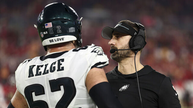 TAMPA, FL - JANUARY 15: Jason Kelce #62 of the Philadelphia Eagles talks with head coach Nick Sirianni during the fourth quarter of an NFL wild-card playoff football game against the Tampa Bay Buccaneers at Raymond James Stadium on January 15, 2024 in Tampa, Florida.