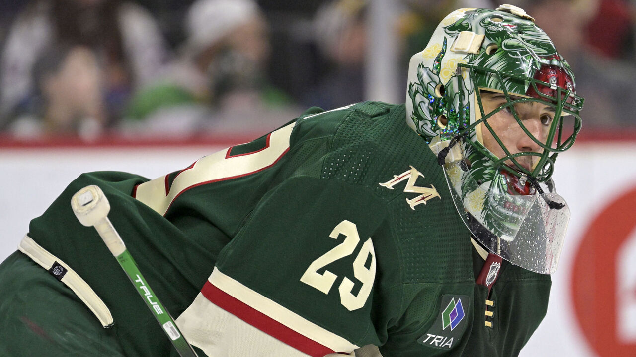 ST. PAUL, MN - JANUARY 15: Minnesota Wild Goalie Marc-Andre Fleury (29) looks on during the first period of an NHL game between the Minnesota Wild and New York Islanders on January 15, 2024, at Xcel Energy Center in St. Paul, MN.