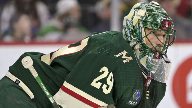 ST. PAUL, MN - JANUARY 15: Minnesota Wild Goalie Marc-Andre Fleury (29) looks on during the first period of an NHL game between the Minnesota Wild and New York Islanders on January 15, 2024, at Xcel Energy Center in St. Paul, MN.