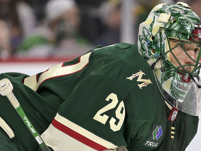 ST. PAUL, MN - JANUARY 15: Minnesota Wild Goalie Marc-Andre Fleury (29) looks on during the first period of an NHL game between the Minnesota Wild and New York Islanders on January 15, 2024, at Xcel Energy Center in St. Paul, MN.