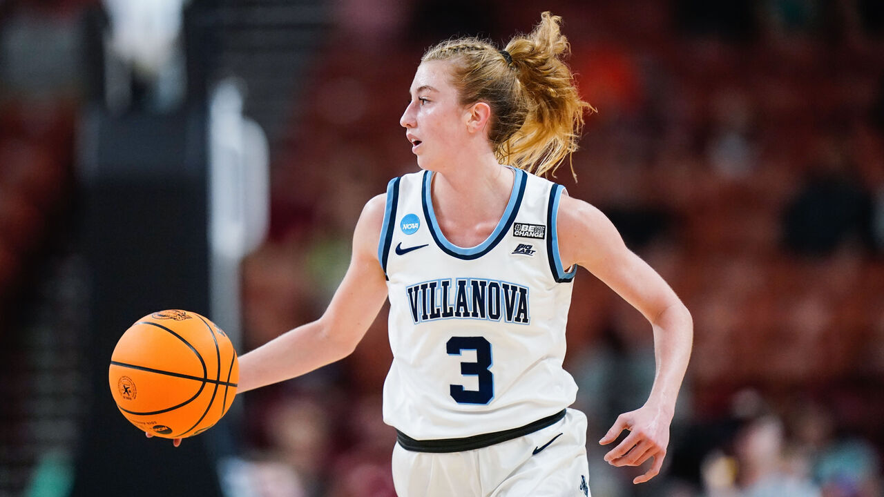 GREENVILLE, SC - MARCH 24: Lucy Olsen #3 of the Villanova Wildcats brings the ball up the court during the Sweet Sixteen round of the 2023 NCAA Womens Basketball Tournament held at Bon Secours Wellness Arena on March 24, 2023 in Greenville, South Carolina.