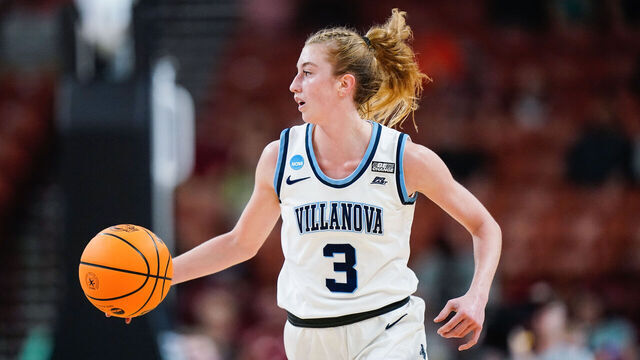 GREENVILLE, SC - MARCH 24: Lucy Olsen #3 of the Villanova Wildcats brings the ball up the court during the Sweet Sixteen round of the 2023 NCAA Womens Basketball Tournament held at Bon Secours Wellness Arena on March 24, 2023 in Greenville, South Carolina.