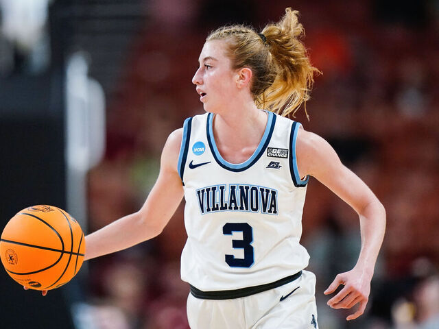GREENVILLE, SC - MARCH 24: Lucy Olsen #3 of the Villanova Wildcats brings the ball up the court during the Sweet Sixteen round of the 2023 NCAA Womens Basketball Tournament held at Bon Secours Wellness Arena on March 24, 2023 in Greenville, South Carolina.