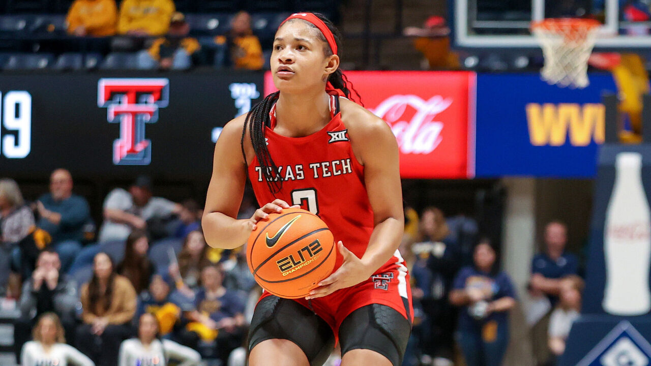 MORGANTOWN, WV - JANUARY 21: Texas Tech Red Raiders guard Jasmine Shavers (3) looks to shoot during the second quarter of the women's college basketball game between the Texas Tech Red Raiders and West Virginia Mountaineers on January 21, 2023, at the WVU Coliseum in Morgantown, WV.