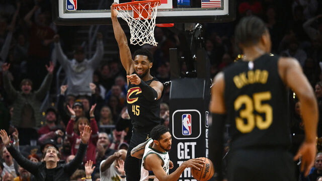 CLEVELAND, OHIO - JANUARY 17: Donovan Mitchell #45 of the Cleveland Cavaliers celebrates after scoring during the second half against the Milwaukee Bucks at Rocket Mortgage Fieldhouse on January 17, 2024 in Cleveland, Ohio. The Cavaliers defeated the Bucks 135-95.