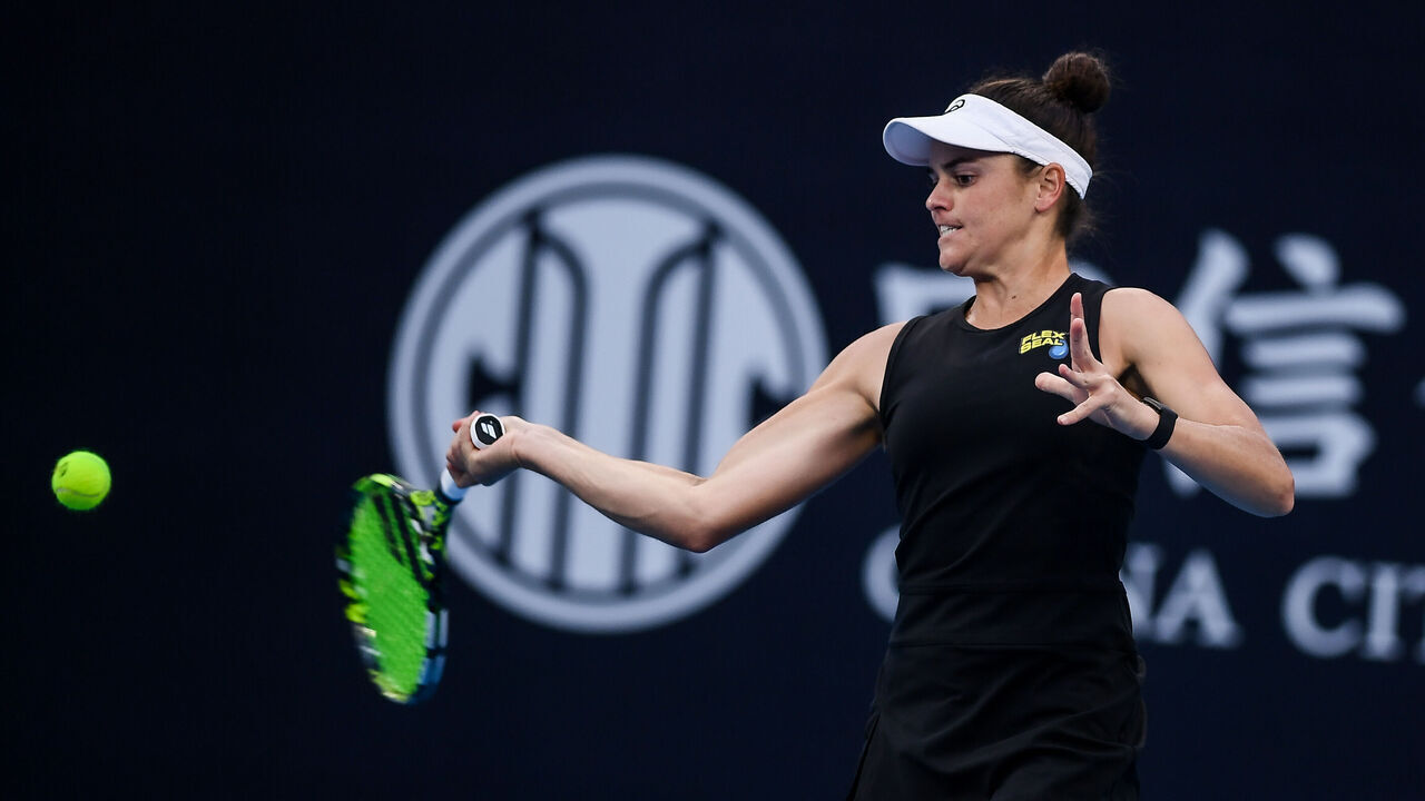 BEIJING, CHINA - OCTOBER 02: Jennifer Brady of United States returns a shot in the Women's Singles Round of 32 match against Magda Linette of Poland on day seven of 2023 China Open at the National Tennis Center on October 2, 2023 in Beijing, China.