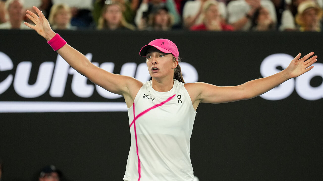 MELBOURNE, AUSTRALIA - JANUARY 18: Iga Swiatek of Poland celebrates the victory in the Women's Singles Second Round match against Danielle Collins of the United States during day five of the 2024 Australian Open at Melbourne Park on January 18, 2024 in Melbourne, Australia.