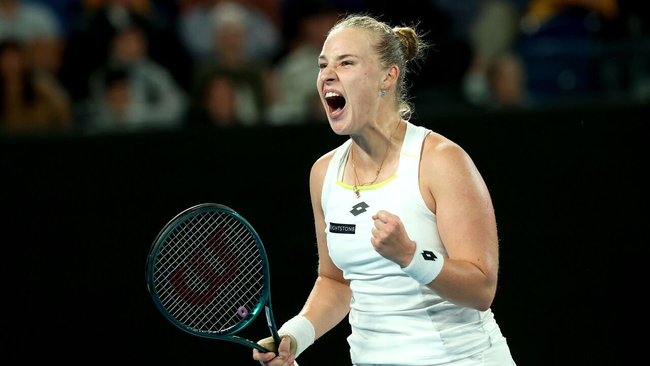 MELBOURNE, AUSTRALIA - JANUARY 18: Anna Blinkova celebrates a point in their round two singles match against Elena Rybakina of Kazakhstan during the 2024 Australian Open at Melbourne Park on January 18, 2024 in Melbourne, Australia.