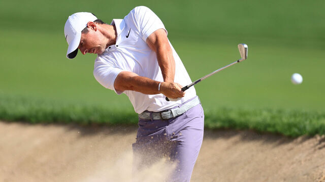 DUBAI, UNITED ARAB EMIRATES - JANUARY 18: Rory McIlroy of Northern Ireland plays his second shot on the ninth hole during Round One of the Hero Dubai Desert Classic at Emirates Golf Club on January 18, 2024 in Dubai, United Arab Emirates.