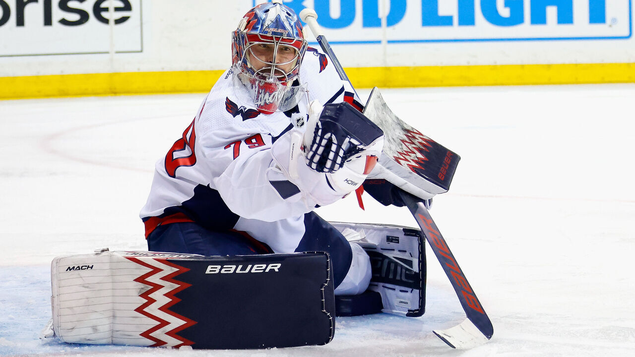 NEW YORK, NEW YORK - JANUARY 14: Charlie Lindgren #79 of the Washington Capitals skates against the New York Rangers at Madison Square Garden on January 14, 2024 in New York City. The Rangers defeated the Capitals 2-1.