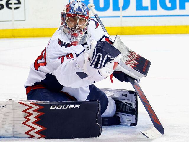 NEW YORK, NEW YORK - JANUARY 14: Charlie Lindgren #79 of the Washington Capitals skates against the New York Rangers at Madison Square Garden on January 14, 2024 in New York City. The Rangers defeated the Capitals 2-1.