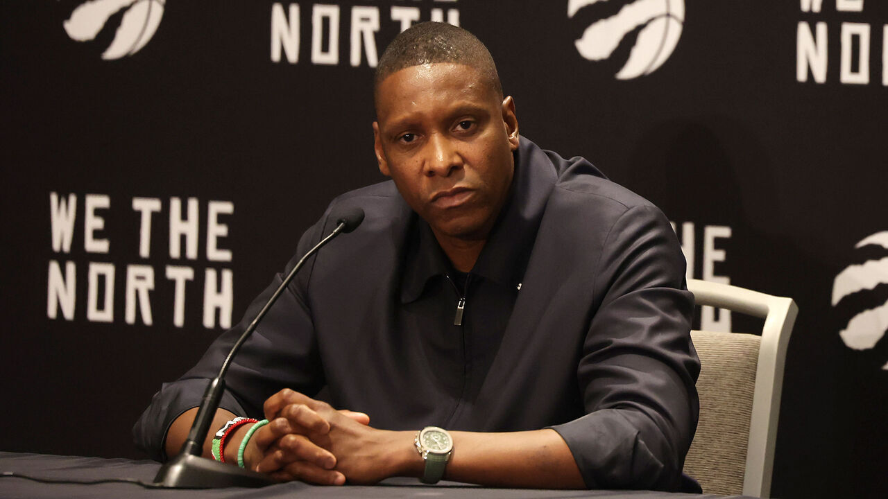 TORONTO, ON- OCTOBER 2 - Toronto Raptors president Masai Ujiri takes questions as the Toronto Raptors hold their media day ahead of the 2023-24 season at Hilton Toronto in Toronto. October 2, 2023. (Steve Russell/Toronto Star via Getty Images)