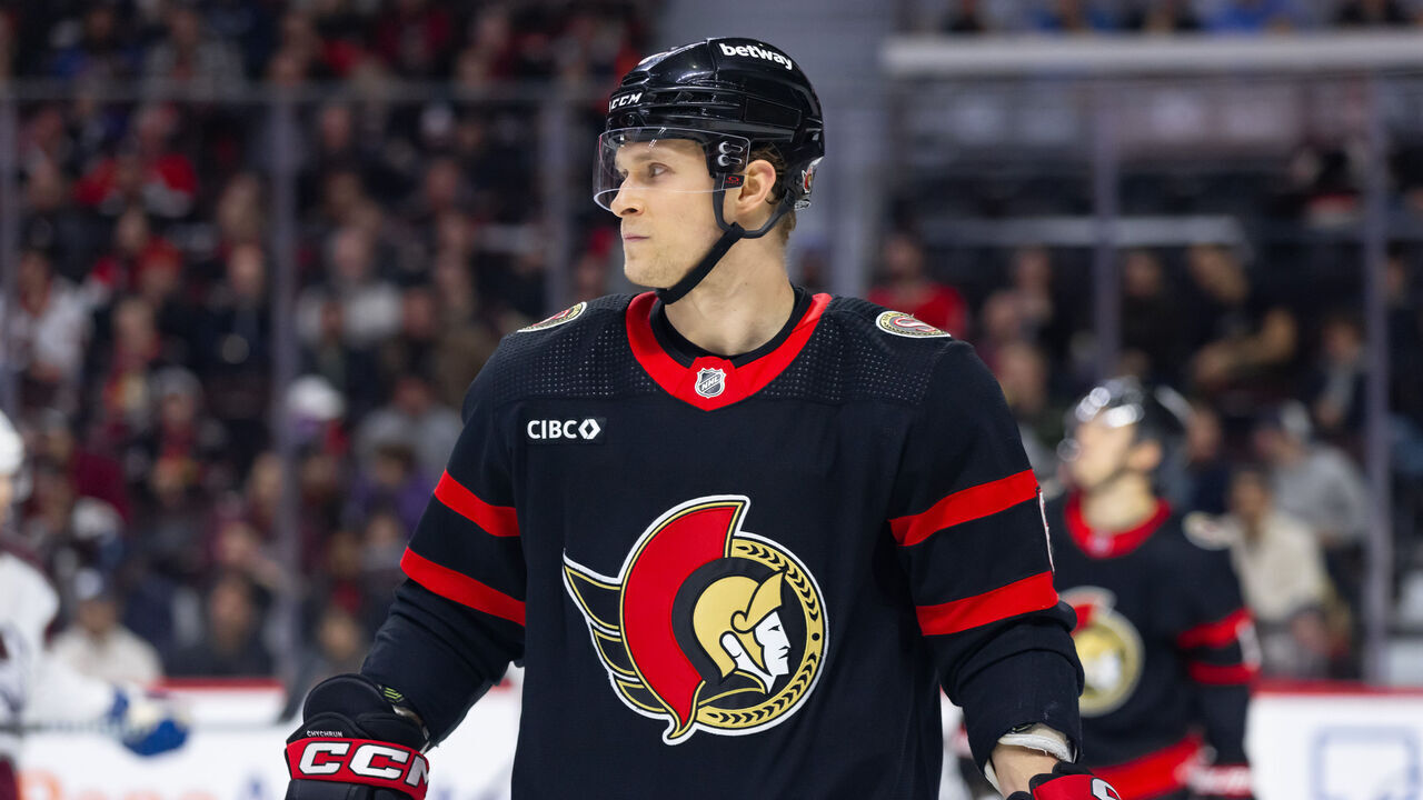 OTTAWA, ON - JANUARY 16: Ottawa Senators Defenceman Jakob Chychrun (6) before a face-off during third period National Hockey League action between the Colorado Avalanche and Ottawa Senators on January 16, 2024, at Canadian Tire Centre in Ottawa, ON, Canada.