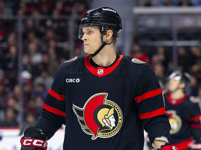 OTTAWA, ON - JANUARY 16: Ottawa Senators Defenceman Jakob Chychrun (6) before a face-off during third period National Hockey League action between the Colorado Avalanche and Ottawa Senators on January 16, 2024, at Canadian Tire Centre in Ottawa, ON, Canada.