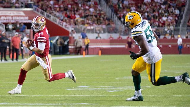SANTA CLARA, CA - AUGUST 12: Brock Purdy #14 of the San Francisco 49ers rushes during the game against the Green Bay Packers at Levi's Stadium on August 12, 2022 in Santa Clara, California. The 49ers defeated the Packers 28-21.