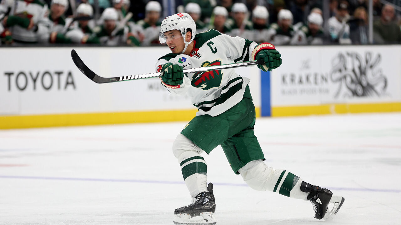 SEATTLE, WASHINGTON - DECEMBER 10: Jared Spurgeon #46 of the Minnesota Wild shoots against the Seattle Kraken during the third period at Climate Pledge Arena on December 10, 2023 in Seattle, Washington.