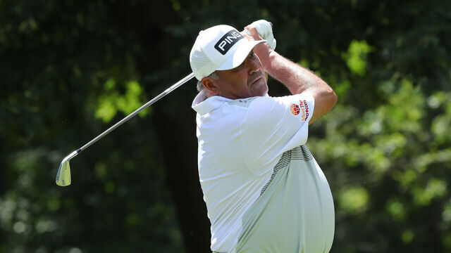 GRAND BLANC, MI - JULY 31: Angel Cabrera of Argentina plays his shot from the eighth tee during the first round of the Ally Challenge presented by McLaren at Warwick Hills Golf & Country Club on July 31, 2020 in Grand Blanc, Michigan.