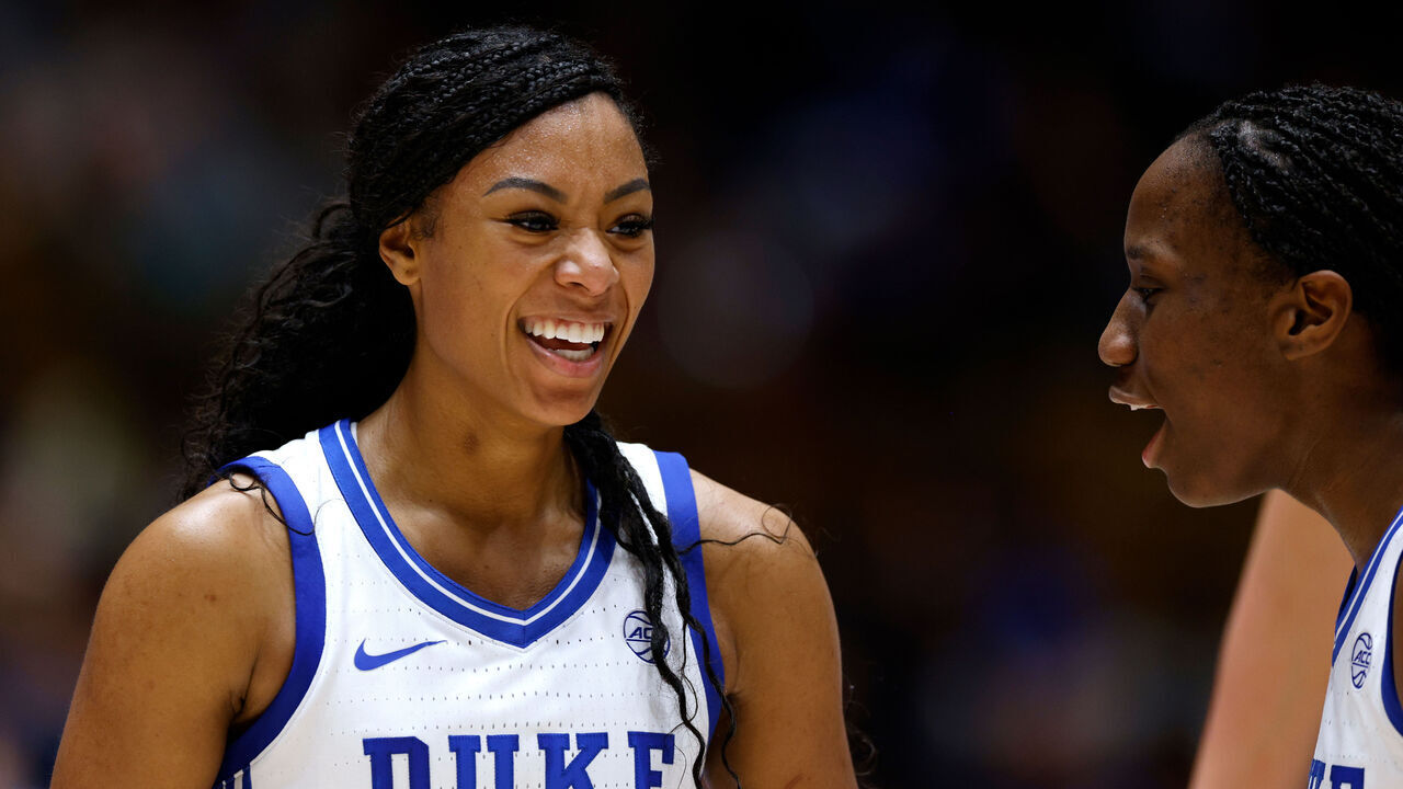 DURHAM, NORTH CAROLINA - DECEMBER 3: Reigan Richardson #24 and Jadyn Donovan #4 of the Duke Blue Devils react during the game against the South Carolina Gamecocks at Cameron Indoor Stadium on December 3, 2023 in Durham, North Carolina. South Carolina won 77-61.