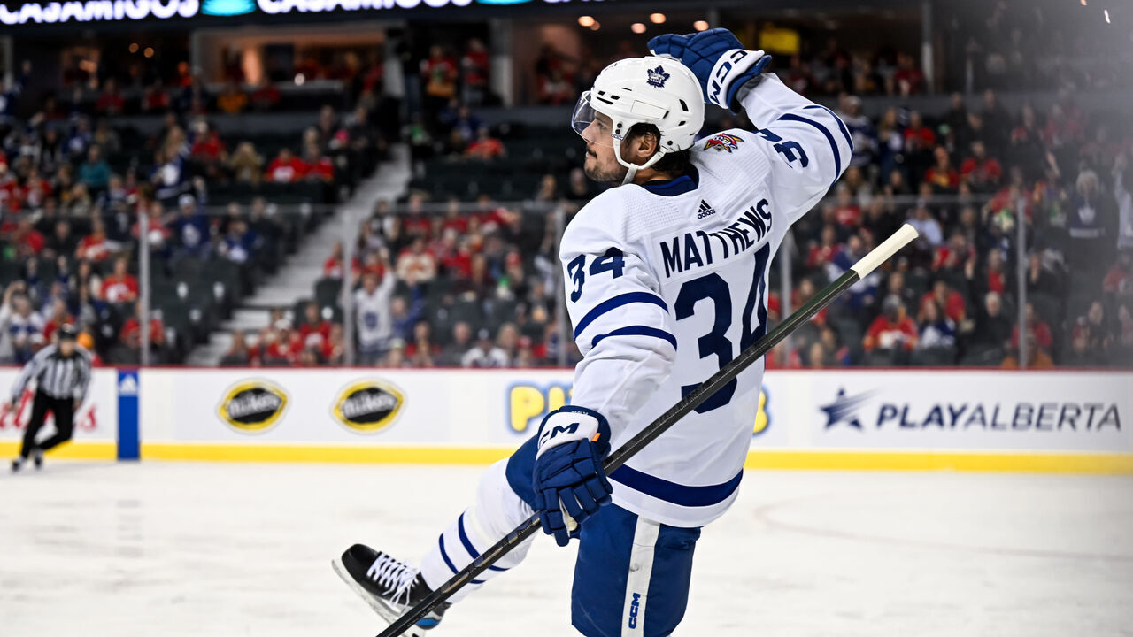 CALGARY, AB - JANUARY 18: Toronto Maple Leafs Center Auston Matthews (34) celebrates after scoring a goal during the second period of an NHL game between the Calgary Flames and the Toronto Maple Leafs on January 18, 2024, at the Scotiabank Saddledome in Calgary, AB.