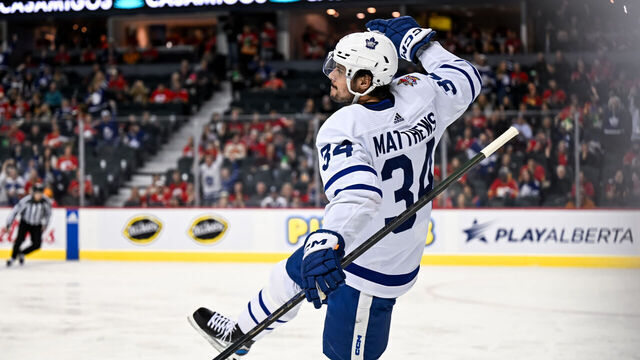 CALGARY, AB - JANUARY 18: Toronto Maple Leafs Center Auston Matthews (34) celebrates after scoring a goal during the second period of an NHL game between the Calgary Flames and the Toronto Maple Leafs on January 18, 2024, at the Scotiabank Saddledome in Calgary, AB.