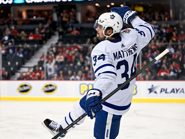 CALGARY, AB - JANUARY 18: Toronto Maple Leafs Center Auston Matthews (34) celebrates after scoring a goal during the second period of an NHL game between the Calgary Flames and the Toronto Maple Leafs on January 18, 2024, at the Scotiabank Saddledome in Calgary, AB.