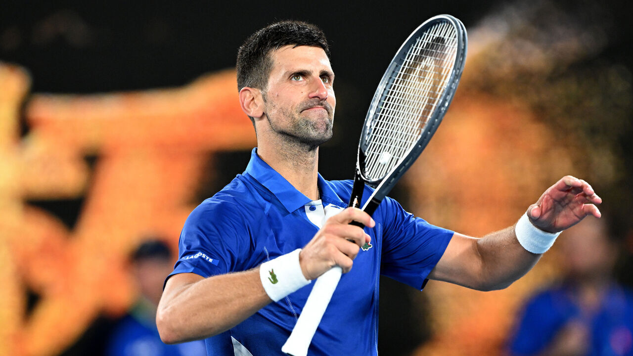 MELBOURNE, AUSTRALIA - JANUARY 19: Novak Djokovic of Serbia celebrates the victory in the Men's Singles Third Round match against Tomas Martin Etcheverry of Argentina during the 2024 Australian Open at Melbourne Park on January 19, 2024 in Melbourne, Australia.