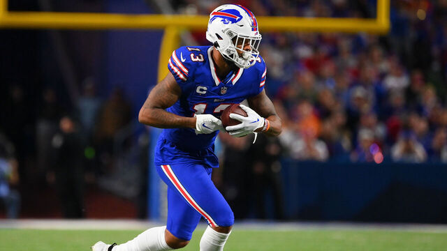 ORCHARD PARK, NEW YORK - OCTOBER 26: Gabe Davis #13 of the Buffalo Bills runs with the ball after a catch against the Tampa Bay Buccaneers during the second half at Highmark Stadium on October 26, 2023 in Orchard Park, New York.