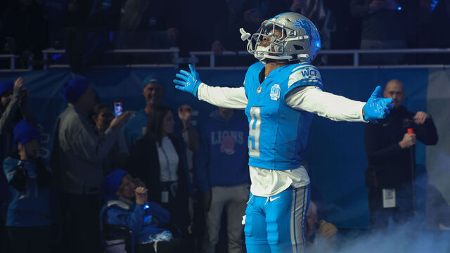 DETROIT, MI - JANUARY 14: Detroit Lions wide receiver Jameson Williams (9) gestures to fans as he is introduced before the start of an NFL NFC Wild Card playoff football game between the Los Angeles Rams and the Detroit Lions on January 14, 2024 at Ford Field in Detroit, Michigan.