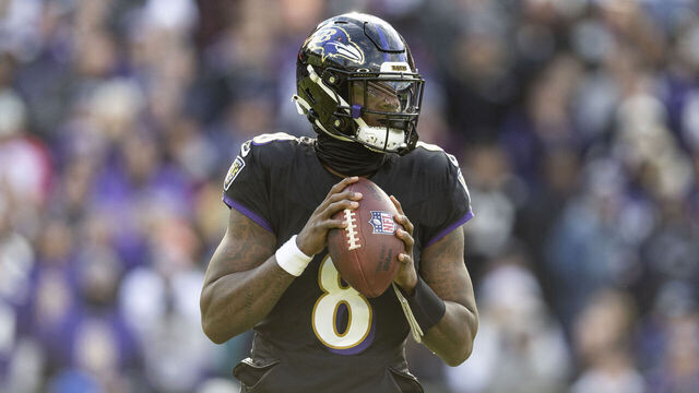 BALTIMORE, MARYLAND - DECEMBER 31: Lamar Jackson #8 of the Baltimore Ravens drops back and looks to pass during an NFL football game between the Baltimore Ravens and the Miami Dolphins at M&T Bank Stadium on December 31, 2023 in Baltimore, Maryland.