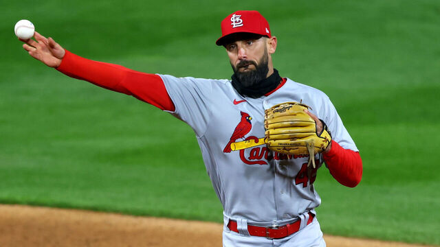 PHILADELPHIA, PA - APRIL 16: Matt Carpenter #13 of the St. Louis Cardinals in action against the Philadelphia Phillies during an MLB baseball game at Citizens Bank Park on April 16, 2021 in Philadelphia, Pennsylvania. All players are wearing the number 42 in honor of Jackie Robinson Day.