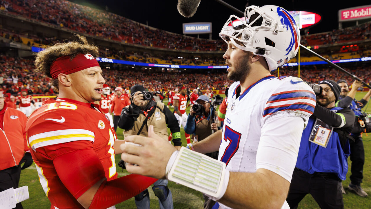 KANSAS CITY, MISSOURI - DECEMBER 10: Patrick Mahomes #15 of the Kansas City Chiefs and Josh Allen #17 of the Buffalo Bills after an NFL football game against the Buffalo Bills at GEHA Field at Arrowhead Stadium on December 10, 2023 in Kansas City, Missouri.