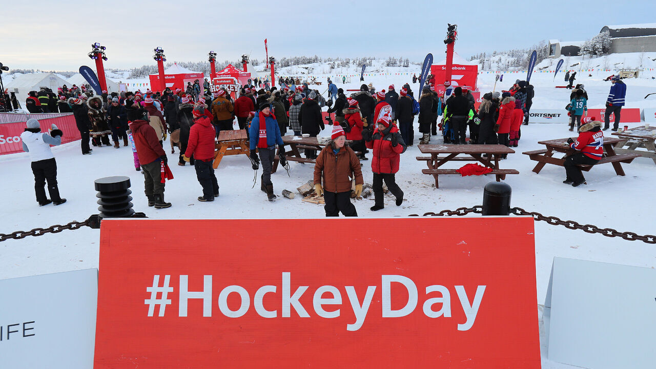 YELLOWKNIFE, CANADA - FEBRUARY 8: Fans gather during Scotiabank Hockey Day in Canada, at Somba K'e Park on Feb 8, 2020 in Yellowknife, Canada.