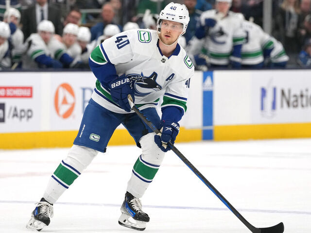 COLUMBUS, OHIO - JANUARY 15: Elias Pettersson #40 of the Vancouver Canucks skates with the puck during a shootout against the Columbus Blue Jackets at Nationwide Arena on January 15, 2024 in Columbus, Ohio.