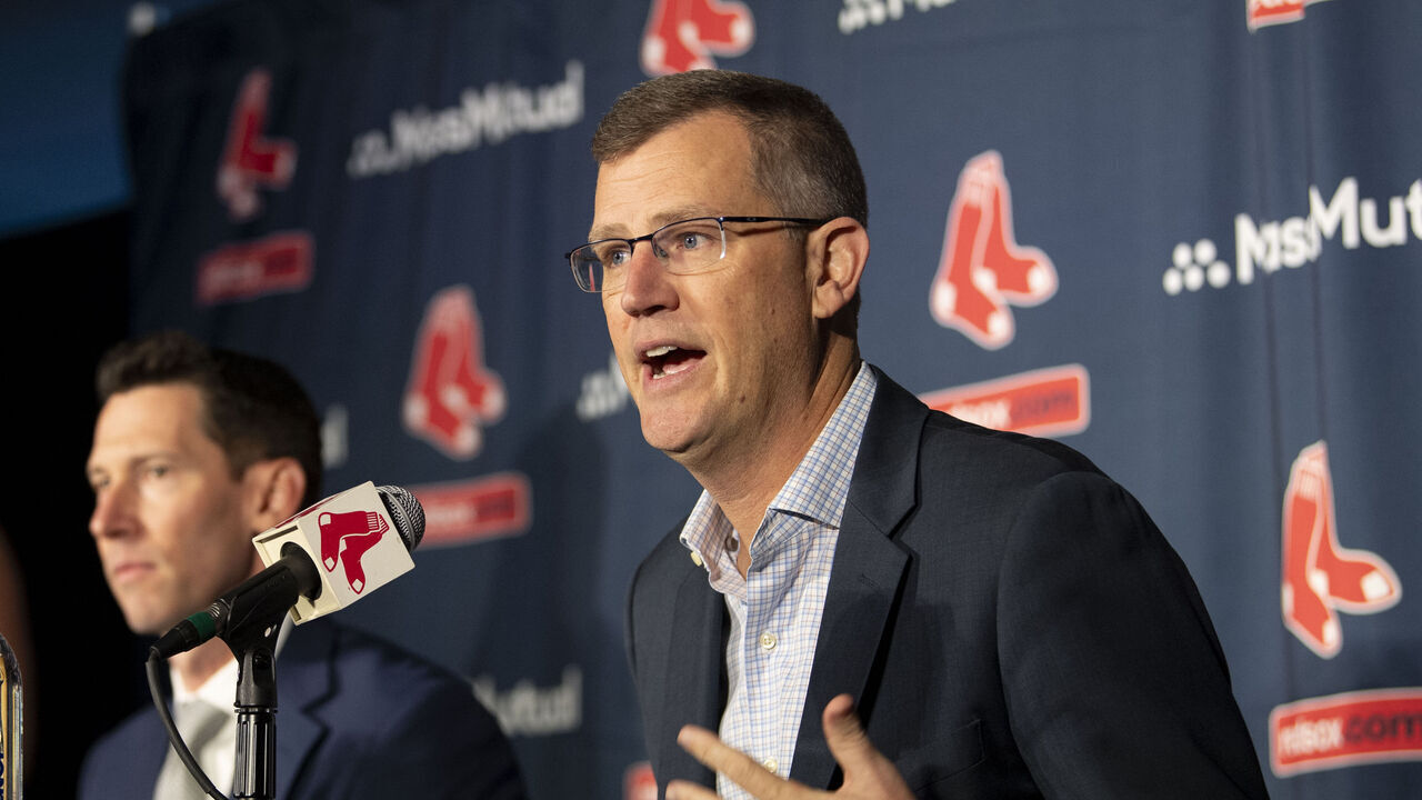 BOSTON, MA - NOVEMBER 2: President & CEO Sam Kennedy speaks as Craig Breslow is officially introduced as Chief Baseball Officer of the Boston Red Sox during a press conference on November 2, 2023 at Fenway Park in Boston, Massachusetts.