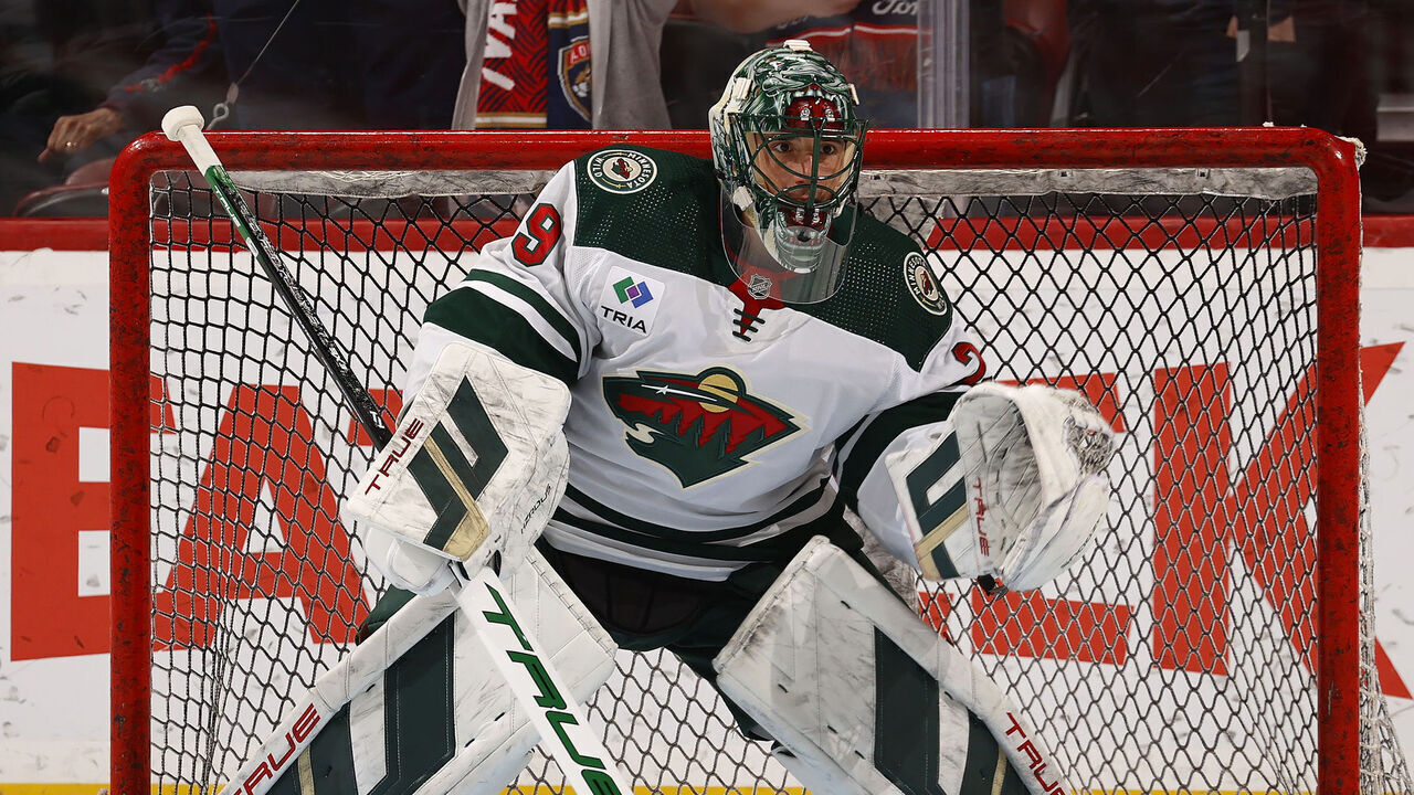 SUNRISE, FLORIDA - JANUARY 17: Goaltender Marc-Andre Fleury #29 of the Minnesota Wild warms up in the net prior to the start of the game against the Florida Panthers at the Amerant Bank Arena on January 17, 2024 in Sunrise, Florida.