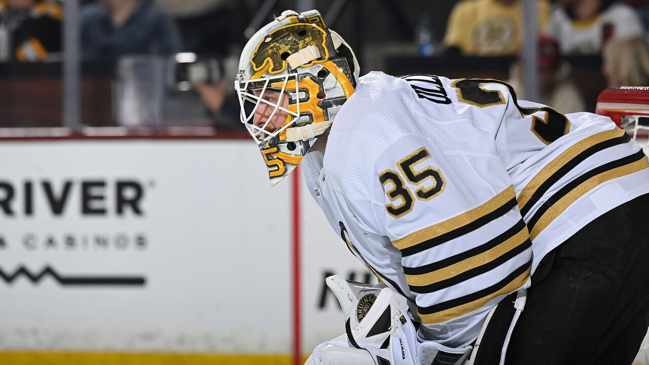 TEMPE, ARIZONA - JANUARY 09: Linus Ullmark #35 of the Boston Bruins gets ready to make a save against the Arizona Coyotes at Mullett Arena on January 09, 2024 in Tempe, Arizona.