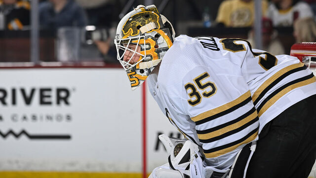 TEMPE, ARIZONA - JANUARY 09: Linus Ullmark #35 of the Boston Bruins gets ready to make a save against the Arizona Coyotes at Mullett Arena on January 09, 2024 in Tempe, Arizona.