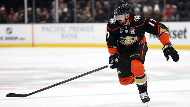 ANAHEIM, CALIFORNIA - JANUARY 05: Alex Killorn #17 of the Anaheim Ducks skates to a loose puck during the first period of a game against the Winnipeg Jets at Honda Center on January 05, 2024 in Anaheim, California.