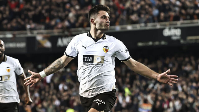 Hugo Duro of Valencia CF is celebrating after scoring the 1-0 goal during the La Liga match between Valencia CF and Athletic Club de Bilbao at Mestalla Stadium in Valencia, Spain, on January 20, 2024.
